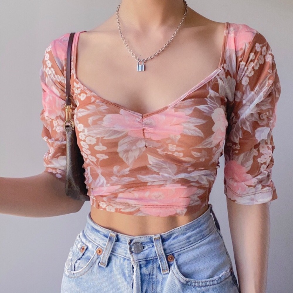Urban Outfitters Cassi Floral Mesh Ruched Top Medium Brown & Pink